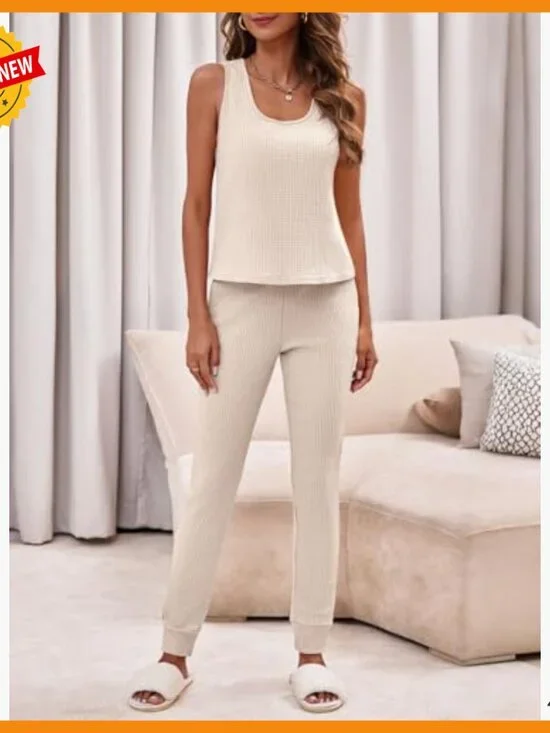 3 Piece Waffle Knit Lounge Set with Cardigan Joggers Tank Top - Picture 4 of 6